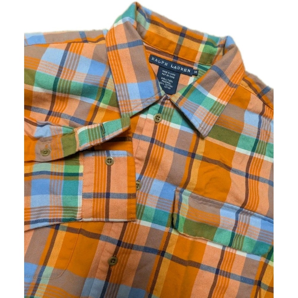 Vintage Ralph Lauren Orange Tartan Plaid Flannel Button Up Shirt Women's 14
